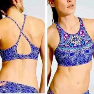 Athleta Baja Cup Bikini Top High Neck Blue Print Womens Sz 32 D/DD crossed strap